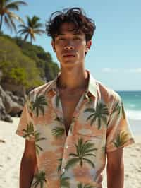 man wearing  hawaii shirt in try on fashion shoot for Zara Shein H&M