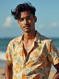 man wearing  hawaii shirt in try on fashion shoot for Zara Shein H&M