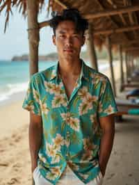 man wearing  hawaii shirt in try on fashion shoot for Zara Shein H&M