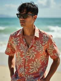 man wearing  hawaii shirt in try on fashion shoot for Zara Shein H&M