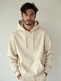 man wearing  cream hoodie in try on fashion shoot for Zara Shein H&M