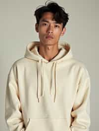 man wearing  cream hoodie in try on fashion shoot for Zara Shein H&M