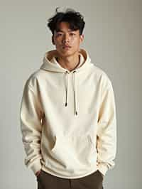 man wearing  cream hoodie in try on fashion shoot for Zara Shein H&M