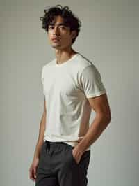 man wearing  t-shirt and pants in try on fashion shoot for Zara Shein H&M