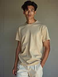 man wearing  t-shirt and pants in try on fashion shoot for Zara Shein H&M