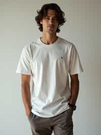 man wearing  t-shirt and pants in try on fashion shoot for Zara Shein H&M