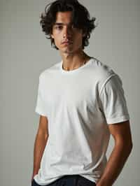 man wearing  t-shirt and pants in try on fashion shoot for Zara Shein H&M