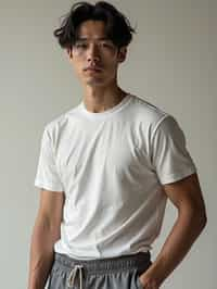 man wearing  t-shirt and gym shorts in try on fashion shoot for Zara Shein H&M