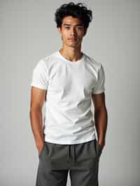 man wearing  t-shirt and gym shorts in try on fashion shoot for Zara Shein H&M