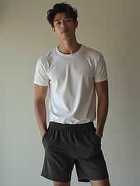 man wearing  t-shirt and gym shorts in try on fashion shoot for Zara Shein H&M