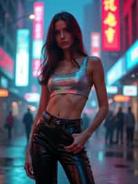 woman wearing sleek leather pants with neon highlights and holographic top in a Bladerunner-inspired cityscape