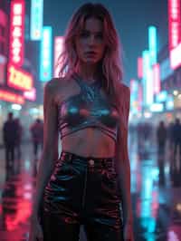 woman wearing sleek leather pants with neon highlights and holographic top in a Bladerunner-inspired cityscape