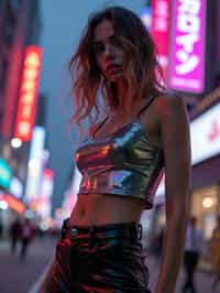 woman wearing sleek leather pants with neon highlights and holographic top in a Bladerunner-inspired cityscape