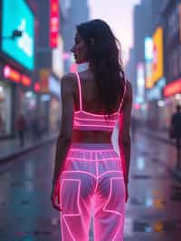 woman wearing sporty neon crop top  and holographic joggers in a dystopian digital cityscape