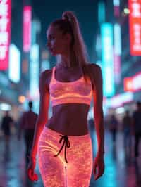 woman wearing sporty neon crop top  and holographic joggers in a dystopian digital cityscape