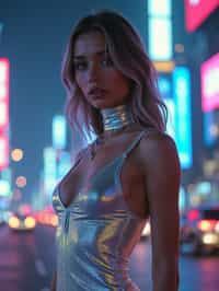 woman wearing holographic bodycon dress  in a cybernetic cityscape