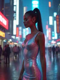 woman wearing holographic bodycon dress  in a cybernetic cityscape