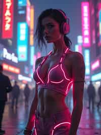 cyberpunk woman with futuristic cyberpunk neon clothes standing in cyberpunk city with neon lights city on Mars in future, neon billboards, skyscrapers