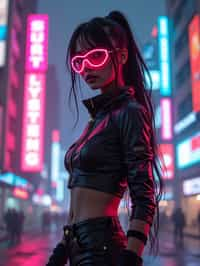 cyberpunk woman with futuristic cyberpunk neon clothes standing in cyberpunk city with neon lights city on Mars in future, neon billboards, skyscrapers