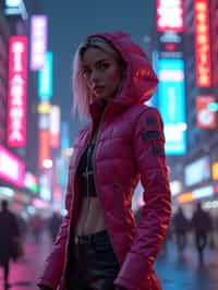 cyberpunk woman with futuristic cyberpunk neon clothes standing in cyberpunk city with neon lights city on Mars in future, neon billboards, skyscrapers