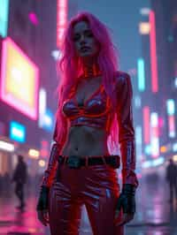 cyberpunk woman with futuristic cyberpunk neon clothes standing in cyberpunk city with neon lights city on Mars in future, neon billboards, skyscrapers