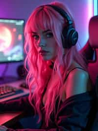 amazingly detailed woman, masterpiece, ultra hd, full shot, dynamic angle, beautiful girl, computer gamer, gaming computer, gaming chair, playing cyberpunk 2077, neon bedroom, streamer setup, , cyberpunk theme, wild long hair, Wavy Cut with Curtain Bangs, bubblegum pink hair, high detail hair, smokey eye shadow, high detail skin, high detail eyes, seductive eyes, smokey makeup