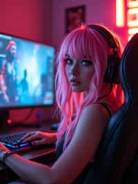 amazingly detailed woman, masterpiece, ultra hd, full shot, dynamic angle, beautiful girl, computer gamer, gaming computer, gaming chair, playing cyberpunk 2077, neon bedroom, streamer setup, , cyberpunk theme, wild long hair, Wavy Cut with Curtain Bangs, bubblegum pink hair, high detail hair, smokey eye shadow, high detail skin, high detail eyes, seductive eyes, smokey makeup