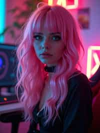 amazingly detailed woman, masterpiece, ultra hd, full shot, dynamic angle, beautiful girl, computer gamer, gaming computer, gaming chair, playing cyberpunk 2077, neon bedroom, streamer setup, , cyberpunk theme, wild long hair, Wavy Cut with Curtain Bangs, bubblegum pink hair, high detail hair, smokey eye shadow, high detail skin, high detail eyes, seductive eyes, smokey makeup