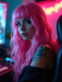 amazingly detailed woman, masterpiece, ultra hd, full shot, dynamic angle, beautiful girl, computer gamer, gaming computer, gaming chair, playing cyberpunk 2077, neon bedroom, streamer setup, , cyberpunk theme, wild long hair, Wavy Cut with Curtain Bangs, bubblegum pink hair, high detail hair, smokey eye shadow, high detail skin, high detail eyes, seductive eyes, smokey makeup