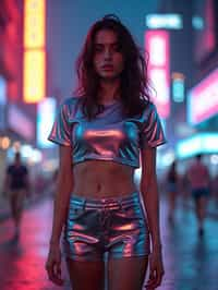 woman wearing holographic crop top and digital shorts  in a neon-lit Bladerunner-inspired cityscape