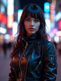 cosplayer woman in a cyberpunk outfit, posing against the backdrop of bright city lights