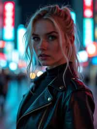 cosplayer woman in a cyberpunk outfit, posing against the backdrop of bright city lights