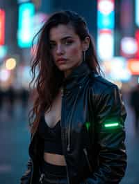 cosplayer woman in a cyberpunk outfit, posing against the backdrop of bright city lights