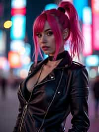 cosplayer woman in a cyberpunk outfit, posing against the backdrop of bright city lights