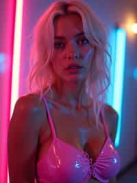 woman with platinum blonde hair, in neon bar, cyberpunk, pink latex crop top, professional award winning photography, beautiful detailed eyes, highly detailed glossy eyes, high detailed skin, skin pores