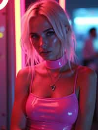 woman with platinum blonde hair, in neon bar, cyberpunk, pink latex crop top, professional award winning photography, beautiful detailed eyes, highly detailed glossy eyes, high detailed skin, skin pores