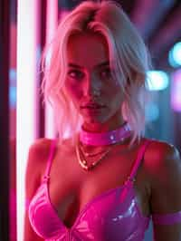 woman with platinum blonde hair, in neon bar, cyberpunk, pink latex crop top, professional award winning photography, beautiful detailed eyes, highly detailed glossy eyes, high detailed skin, skin pores