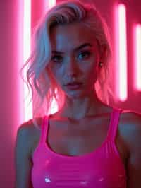 woman with platinum blonde hair, in neon bar, cyberpunk, pink latex crop top, professional award winning photography, beautiful detailed eyes, highly detailed glossy eyes, high detailed skin, skin pores