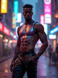 man wearing sleek leather pants with neon highlights and holographic top in a Bladerunner-inspired cityscape