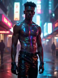 man wearing sleek leather pants with neon highlights and holographic top in a Bladerunner-inspired cityscape