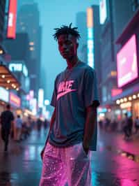 man wearing sporty neon  t-shirt and holographic joggers in a dystopian digital cityscape