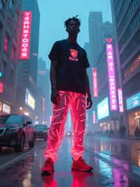 man wearing sporty neon  t-shirt and holographic joggers in a dystopian digital cityscape