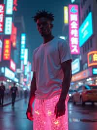 man wearing sporty neon  t-shirt and holographic joggers in a dystopian digital cityscape