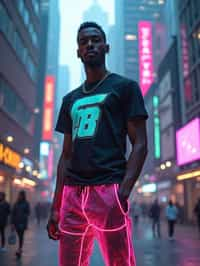 man wearing sporty neon  t-shirt and holographic joggers in a dystopian digital cityscape