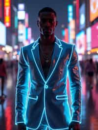 man wearing  holographic nightclub outfit in a cybernetic cityscape