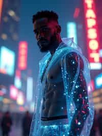 man wearing  holographic nightclub outfit in a cybernetic cityscape