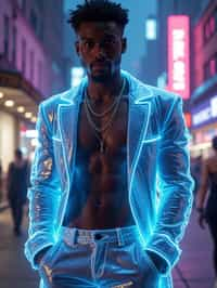 man wearing  holographic nightclub outfit in a cybernetic cityscape