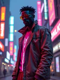 cyberpunk man with futuristic cyberpunk neon clothes standing in cyberpunk city with neon lights city on Mars in future, neon billboards, skyscrapers