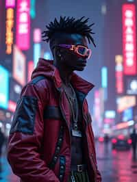 cyberpunk man with futuristic cyberpunk neon clothes standing in cyberpunk city with neon lights city on Mars in future, neon billboards, skyscrapers