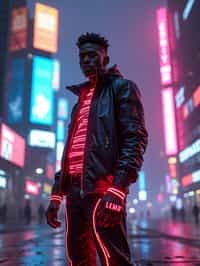 cyberpunk man with futuristic cyberpunk neon clothes standing in cyberpunk city with neon lights city on Mars in future, neon billboards, skyscrapers